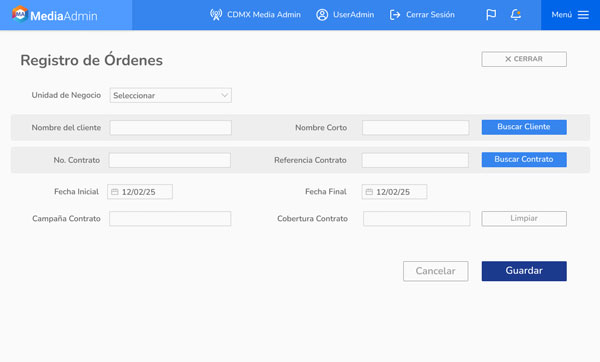 Registro de Ordenes en MediaAdmin®